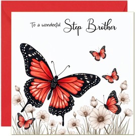 Step Brother Birthday Cards Red Butterfly & White Flower Design - With Red Envelope - Cute Birthday Cards for Step Brother