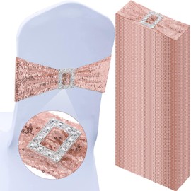 VitalCozy 50 Pieces Sequin Chair Sashes Stretchy Sequin Chair Ties Spandex Sequin Chair Cover Bows Band with Square Buckle Slider for Wedding Hotel Ceremony Banquet Party Decorations(Rose Gold)