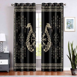 BSPPTI Nordic Vikings Print Curtain, Vegvsir Symbol Twins Dragons Curtains Room Darkening Thermal Insulated Blackout Window Drapes for Living, Bedroom, 42"x 84", 2 Panels, CLZYSP471