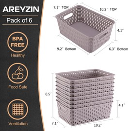 Storage Bins Plastic Storage Baskets Sturdy Small Pantry Organizer Bins Organization and Storage Shelves Baskets for Organization, Countertops, Desktops, Cabinets, Bedrooms,6Pack,Purple