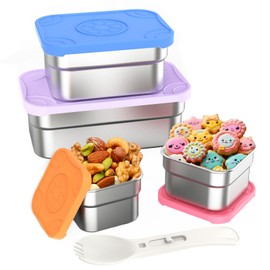 DaCool 4 Pack Kids Stainless Steel Snack Containers with Lids Spork, Totally 39 oz Easy Open Leakproof Small Toddler Snack Box with Silicone Lids, Stackable Metal Lunch Box for Daycare and School