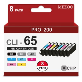 MEZOO CLI-65 CLI65 Ink Cartridge with Chip High Capacity Compatible with Canon CLI65 CLI-65 Ink Cartridges Replacement for Canon Pro-200 Pro-200S Printer (8-Pack, BK, C, M, Y, PM, PC, GY, LGY)