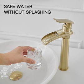BWE Bathroom Vessel Sink Faucet Waterfall Spout Single Handle One Hole Solid Brass Deck Mount Brushed Gold Lavatory Mixer Tap Lavatory Vanity Sink Faucet with Pop Up Drain