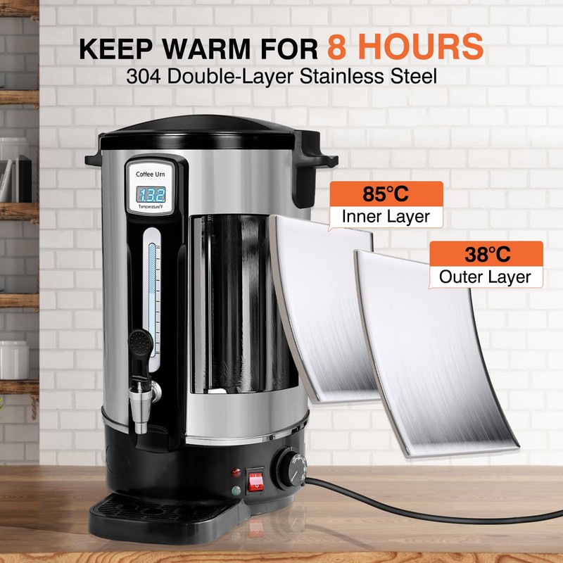 alelarocr Commercial Coffee Urn 50 Cups（12L, Stainless Steel Large-Capacity Coffee