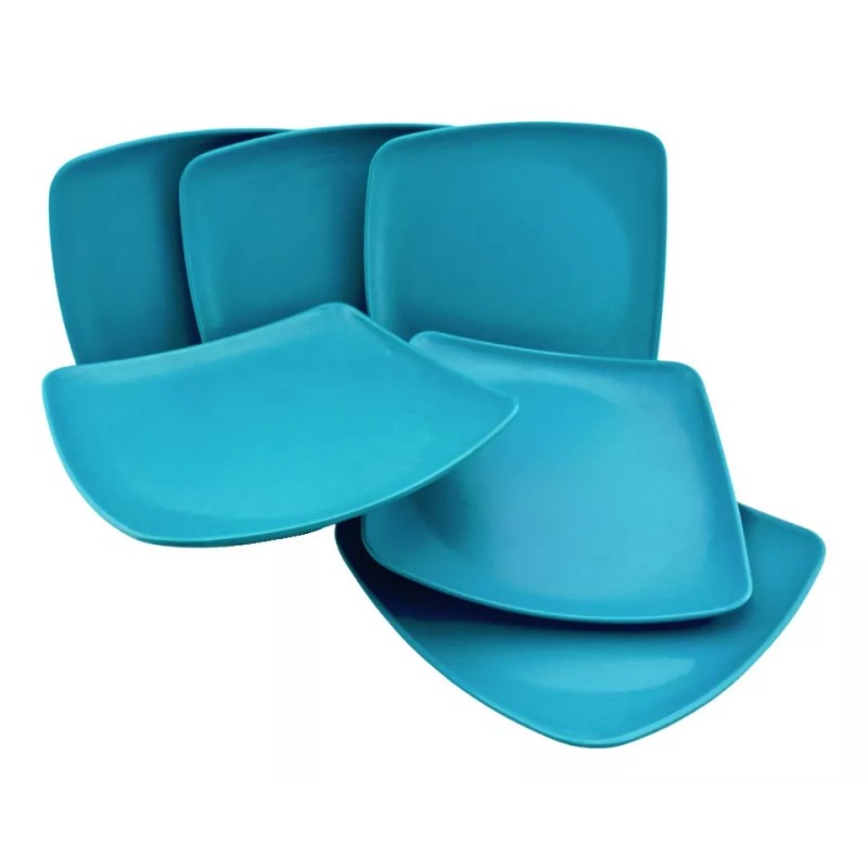 Anforama Set Juego De 6 Platos Cuadrados Melamina Elegante Azul