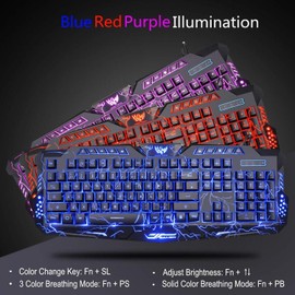 BlueFinger Backlit Gaming Keyboard and Mouse and LED Headset Combo,USB Wired 3 Color Cra...