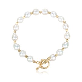 KVLmoze Pearl Bracelet 6 mm Hand-Selected Pearl Necklace 18 K Gold-Plated Delicate Vintage Y2k Jewellery Gifts for Mum Women Girls, Metal