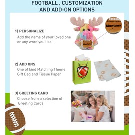 DolliBu Rainbow Floppy Moose Stuffed Animal with Football Plush - Huggable Playtime Plush Toy, Cute Wild Life Gift, Plush Doll Animal Toy for Kids and Adults with Name Personalization - 9 Inches