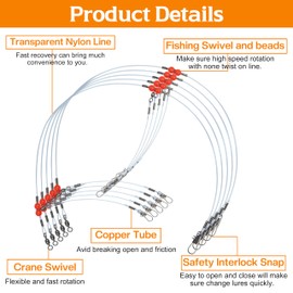 Nylon Fishing Wire Leaders Rigs, 12pcs Mono Fishing Leader Line with Swivels Snaps Beads Blue Fishing Rigs Fishing Lures Line Leader Rigging Saltwater Freshwater 2RM