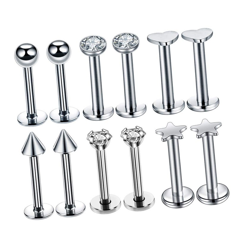 Prettyia 12Pcs 16G Crystal CZ Anillo De Labio Labret Roscado