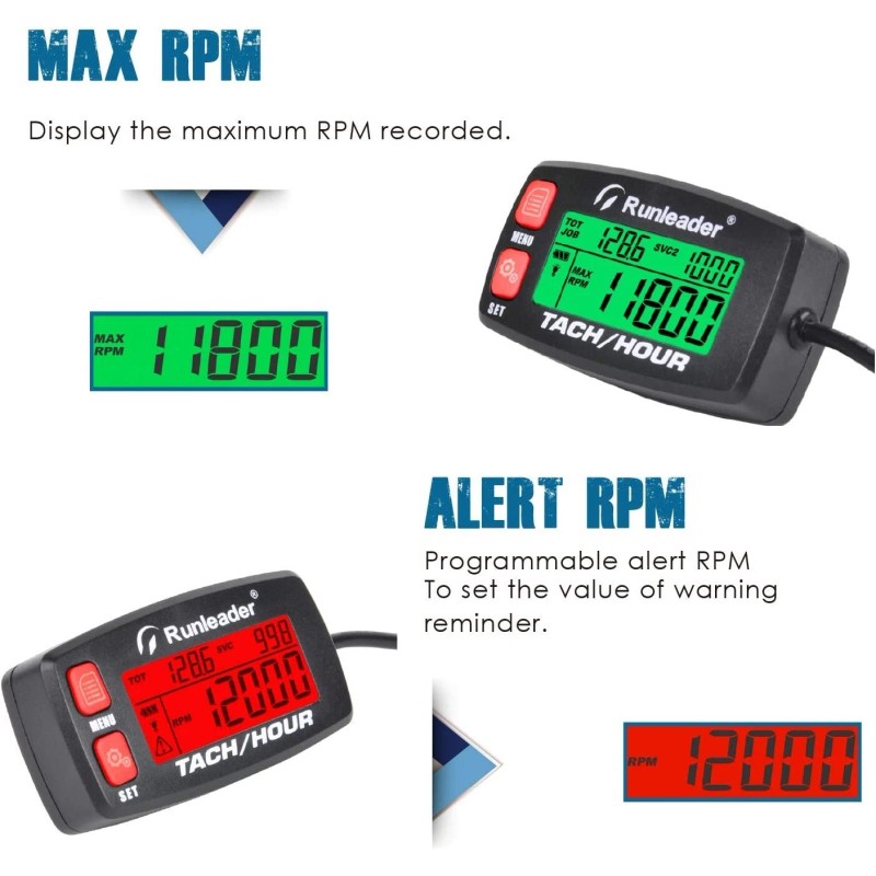 Runleader Digital Tach Hour Meter Self Powered Maintenance RPM Alert