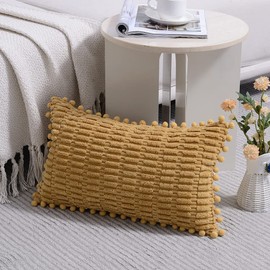 Fancy Homi 2 Packs Mustard Yellow Decorative Throw Pillow Covers 12x20 Inch with Pom-poms for Couch Bed Living Room, Farmhouse Boho Home Decor, Soft Corduroy Cute Lumbar Cushion Case 30x50 cm