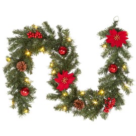 Adeeing 6 ft Christmas Garland with Lights, Pre-lit Christmas Garland with 20 LED Ligts Pinecones Red Berries Poinsettia, Indoor Outdoor Garland for Home Fireplace Staircase Decoration