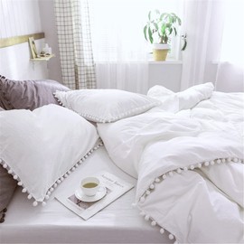 IHOUSTRIY Duvet Cover Full Size,100% Washed Microfiber 3pcs Bedding Duvet Cover Set, Pom Poms Fringe Solid Color Soft and Breathable with Zipper Closure & Corner Ties (Full, White)