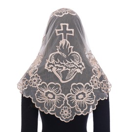 Bozidol Champagne Mantilla Triangular Embroidered Sacred Heart Camellia Veil for Women Catholic Mass, Religious Lace Head Coverings for Chapel Prayer Communication Baptism Gifts Spanish Latin Veils