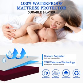 Sufdari Waterproof Mattress Protector double,135x190cm Mattress Cover for Bed,30cm Deep Pocket Fitted Sheet Style Mattress Protector with Elastic Rubber Band-Burgundy