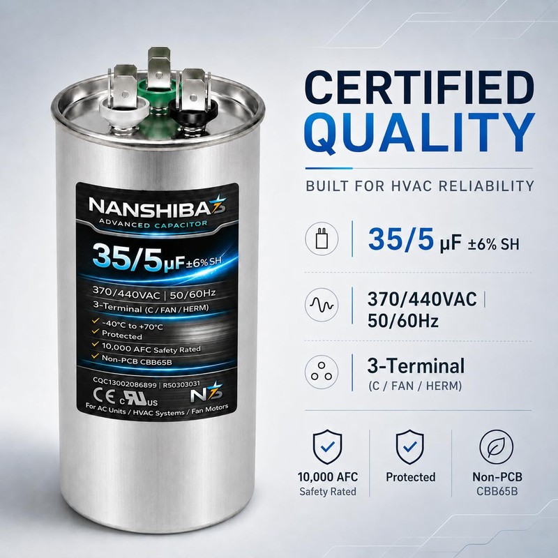nanshiba 35/5 uF Dual Run AC Capacitor, 440/370VAC Round CBB65B