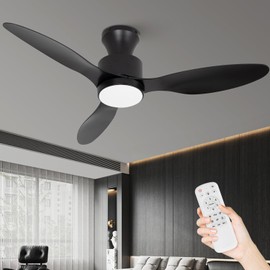 VACILL 42 inch Black Flush Mount Ceiling Fan, Low Profile Ceiling Fan with Light and Remote, 6 Speed Levels,LED Dimmable,DC Motor, Black