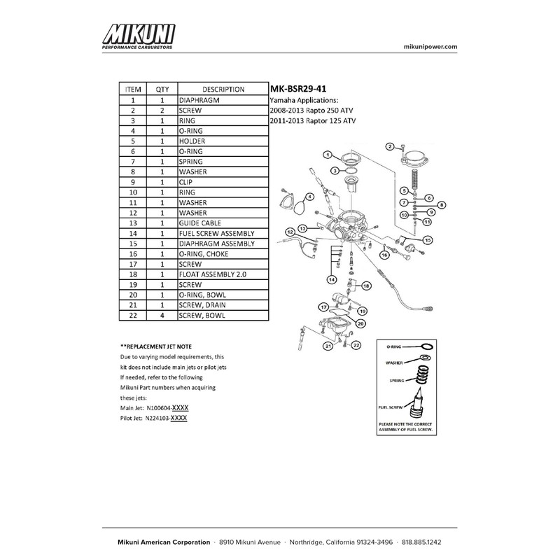 Mikuni Carburetor Rebuild Kit for Yamaha Raptor 125 & 250