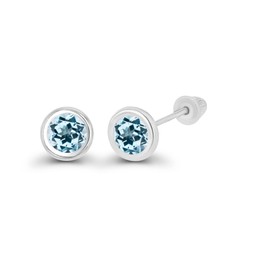 Solid 14K White Gold 4mm Round Natural Sky Blue Topaz December Birthstone Bezel Screw Back Stud Earrings