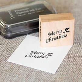 Merry Christmas Rubber Stamp and Black Ink Pad, Wooden Mounted Rubber Stamp, Festive Scrapbook Crafts, Christmas Crafts