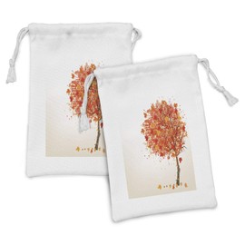 Lunarable Fall Leaves Fabric Pouch Set of 2, Tree in Tangerine Tones Leaves Falling Watercolor Splash Art, Small Drawstring Bag for Toiletries Masks and Favors, 9" x 6", Burnt Sienna Champagne