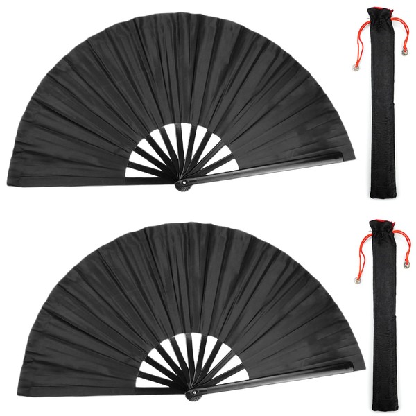 LAKSOL Pack of 2 Fans, Black, Large Black Foldable Silk Fan, Tai Chi Fan, Foldable Hand Fan, Retro Fabric Fan in Chinese Style with Bag for Dance, Wall Decoration, 33 cm