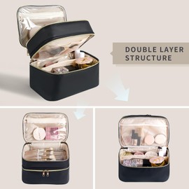 Onilife Double Layer Travel Makeup Bag, Portable Cute Cosmetic Bag Large Make Up Organizer Case Toiletry Bag for Women Girls with Handle and Removable Divider, Black