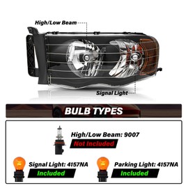 BRYGHT Headlight Assembly Fit for 2002-2005 Dodge Ram 1500 Pickup and 2003-2005 Dodge Ram 2500/3500 Pickup Passenger and Driver Side Halogen Replacement OE Headlamp Black Housing & Amber Reflector
