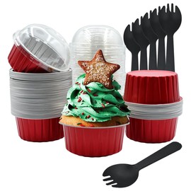 OYEL Aluminum Foil Cupcake Baking Cups (30pcs, 5oz) Round Cupcake Foil Cupcake Liners with Lids - Disposable Baking Cups for Pudding, Souffle, Party, Wedding (red)