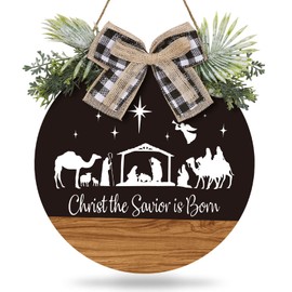 Whaline Christmas Wooden Hanging Sign Rustic Holy Night Front Door Sign Nativity Christ the Savior is Born Door Hanger with Bow for Home Indoor Outdoor Farmhouse Wall Window Decor