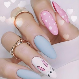 Easter Day Press on Nails Almond Medium 24Pcs Glossy Full Cover Acrylic Pointed False Nails with Rabbit Easter Eggs Designs Artificial Holiday Fake Nails Glue Stick on Fingernails for Women Girls