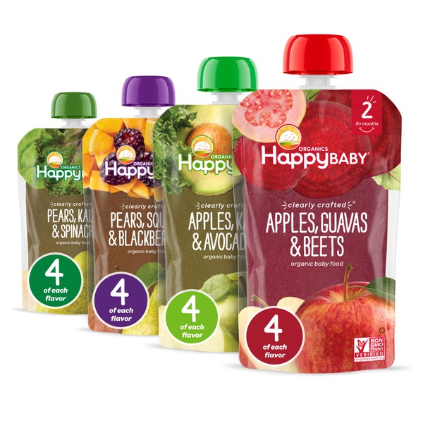 Happy Baby Organics Stage 2 Baby Food Pouches, Gluten Free, Vegan & Healthy Snack, Clearly Crafted Fruit & Veggie Puree, Fruit & Veggie Variety Pack, 4 Ounces (Pack of 16)