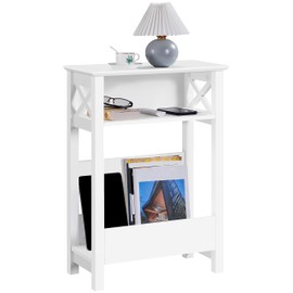Yaheetech Small Side Table with Storage Shelf, 3-Tier Slim End Table with Magazine Rack, X Shaped Magazine Table for Living Room Home Office Balcony Small Spaces, Effortless Assembly, White