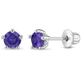 In Season Jewelry Sterling Silver 4mm Simulated Amethyst Birthstone Stud Earrings for Girls - Purple CZ Earrings for February Birthdays