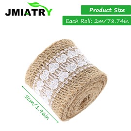 JMIATRY 12 Rolls Burlap Jute Ribbon with White Lace, 24 Metres Natural Hessian Ribbon Roll with Lace Trim, Lace Ribbon for Wedding, Christmas, Crafts and Gifts Wrapping Decorations(5CM*2M Each Roll)