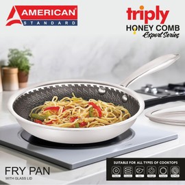 AmericanStandard Premium Stainless Steel Hexa Honeycomb Pattern Nonstick Triply Fry Pan Skillet with Glass Lid PFOA Free 430 Grade Pure Induction Base For all Cooktops. 22/24 CM (22 CM)