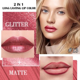 Kaely 2in1 Metallic Lipstick and Lip Liner, Shimmer Glitter Lip Gloss Long Lasting Waterproof 24 Hours, Pearlescent Sparkly Liquid Lipsticks Stain Makeup for Women, Vegan Formula, 13