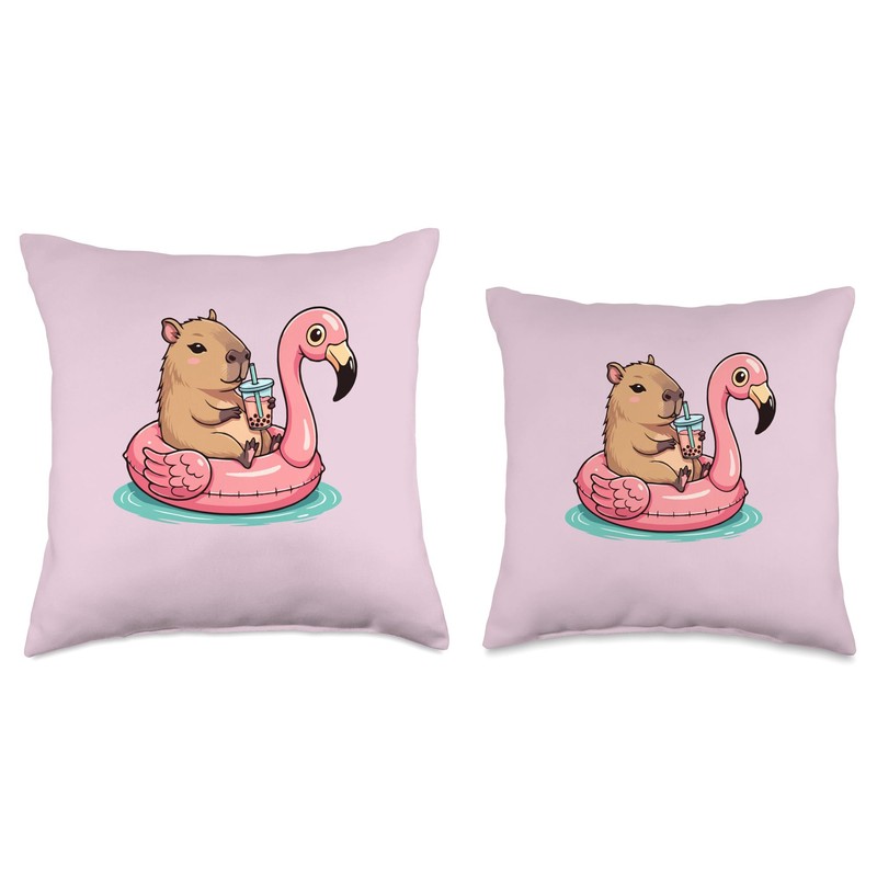 Cute Capybara On Flamingo Pool Float Drinking Bubble Tea Throw