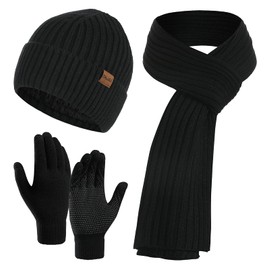 CheChury Hat Scarf Glove Sets for Men Women Hat Touchscreen Gloves Beanie Warm Hat Knitted Hat Soft Winter Scarf Men Warm Hat 3 in 1 Winter Long Scarf Gift Unisex, black