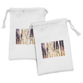 Lunarable Hawaiian Fabric Pouch Set of 2, Tropic Silhouette Palm Trees at Sunset Cloudy Sky Hawaii Typography Skyscape, Small Drawstring Bag for Toiletries Masks and Favors, 9" x 6", Brown Beige