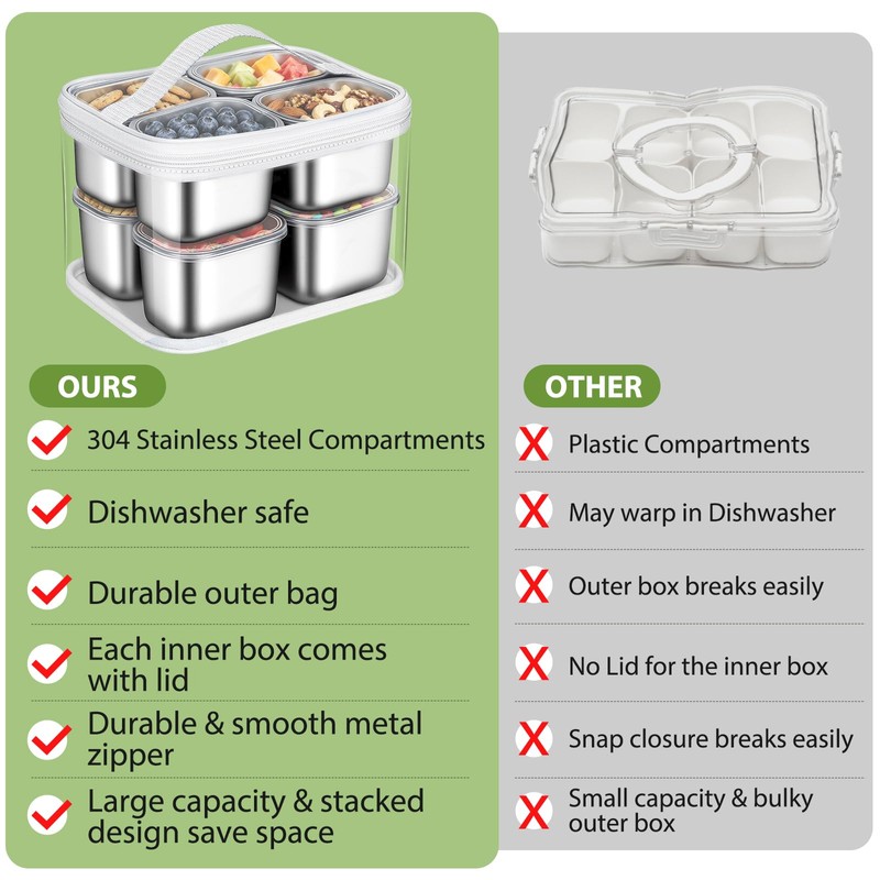 Snackle Box Container, 8 Stainless Steel Compartments with Individual Lids