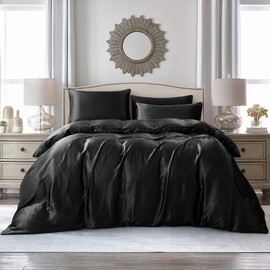 Vonty 3-Pieces Satin Duvet Cover Set King Size Black Silk Like Satin Bedding Set with Zipper Closure (1 Duvet Cover + 2 Pillowcases)