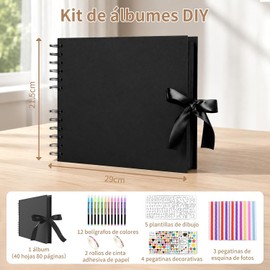 Álbum de Fotos Scrapbook 80 Páginas Kit DIY Hecho a Mano con Pegatinas, Bolígrafos, Plantillas y Cinta Libro de Aventuras y Memorias Regalo Ideal para Boda, Graduación, Aniversario y Baby Shower (negro)