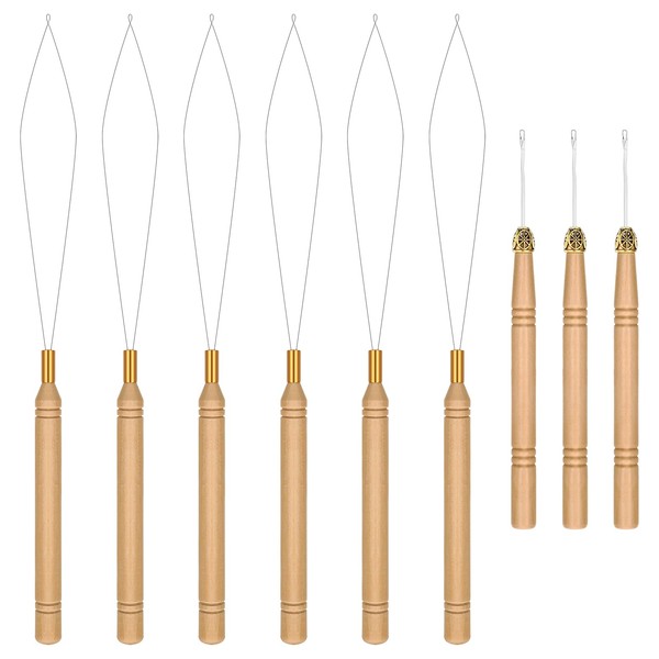 Oruola 9Pcs Hair Extension Tools, Bead Threader with Wooden Handle,Hair