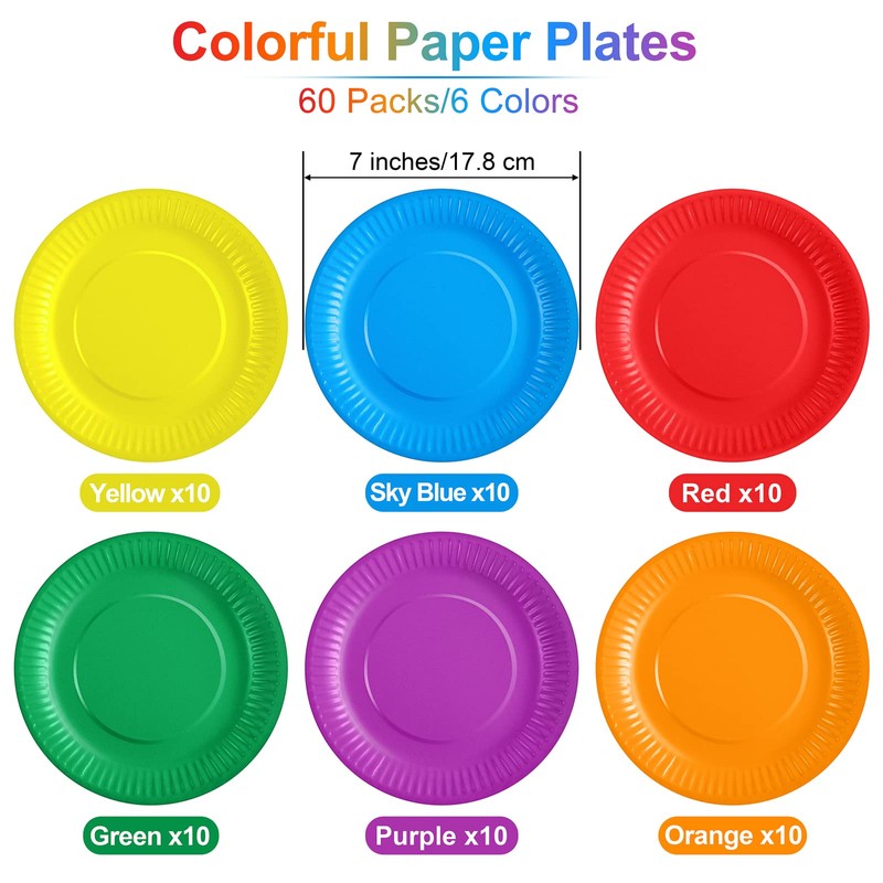 Aodaer 60 Pack Colorful Paper Plates Party Tableware 7 Inch