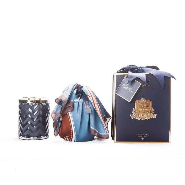 Cote Noire-Navy Herringbone Candle with Scarf Eau de Vie Navy and Dragonfly Lid