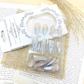 LWTZLW French Tip Press on Nails Medium Almond Fake Nails Silver 3D Full Cover Glue on Nails French Tip Oval Acrylic False Nail Glossy Artificial Nail Reusable for Women