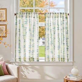 Jinchan - Cortinas de cocina bohemias con diseño floral para ventanas, color verde salvia, cortina botánica, filtro de luz, lino de poliéster de 36 pulgadas, 2 paneles de ventana para cabina, sala de