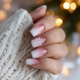 Ombre Press on Nails Short Square Fake Nails with White Snowflake Designs Glitter False Nails Pink Gradient Acrylic Nails Winter Christmas Stick on Nail for Women 24Pcs